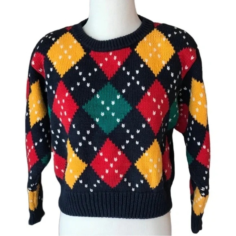 Liz Claiborne LizSport argyle navy blue checkered pullover sweater EVC size M